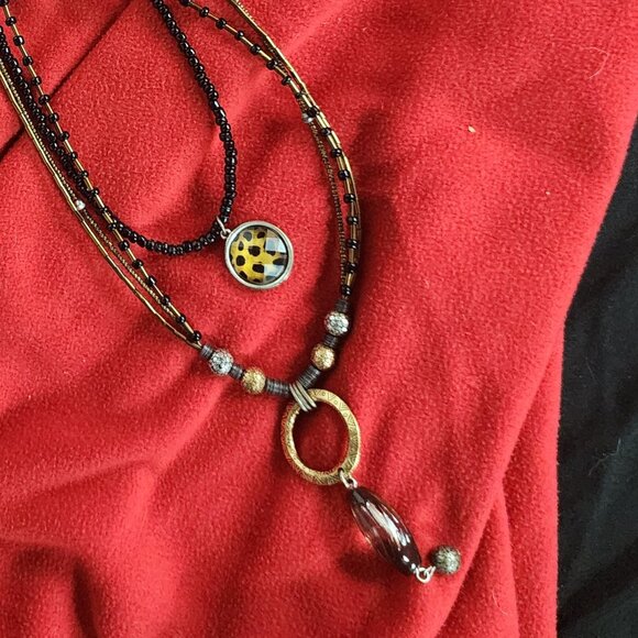 Chicos Mixed Metal Seed Bead Copper Black Animal Print Multi Strand 24" Necklace - Picture 12 of 16